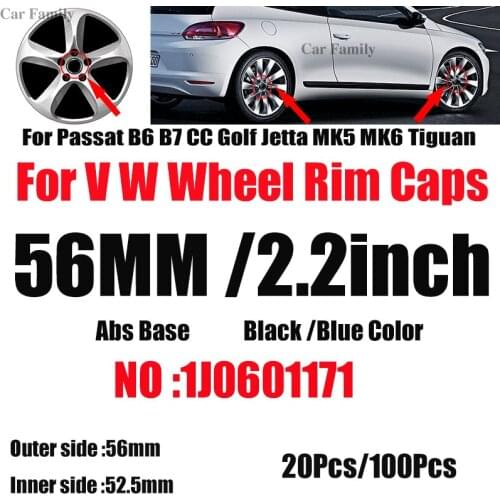 For Passat B6 B7 CC Golf MK5 MK6 TIGUAN Car Logo Emblem Wheel Hub Cap Covers 5.6CM 56MM 2.2" 1J0601171 Black/blue 20PCS 100PCS