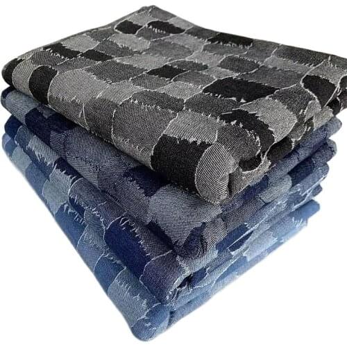 Fashion Retro Navy Blue Jacquard Denim Creative Irregular Patch Stitching Clothing Fabric Handmade Diy Cloth For Jeans Jacket