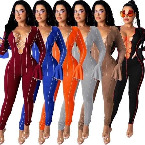 Echoine Ribbed Lace Up Jumpsuit Woman Long Flare Sleeve V Neck Hollow Out Skinny Rompers Night Club Wear One Piece Overalls