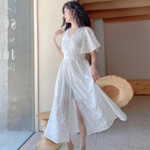 Jastie 2021 French V-neck Puff Sleeve White Women Dresses Hollow Embroidery Summer Seaside Holiday Style Boho Beach Dress