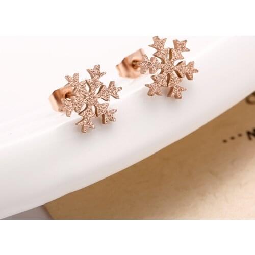 JeeMango Fashion Frosted Stainless Steel Snowflake Stud Earrings For Women Rose Gold Titanium Steel Snowflake Earrings JE17010