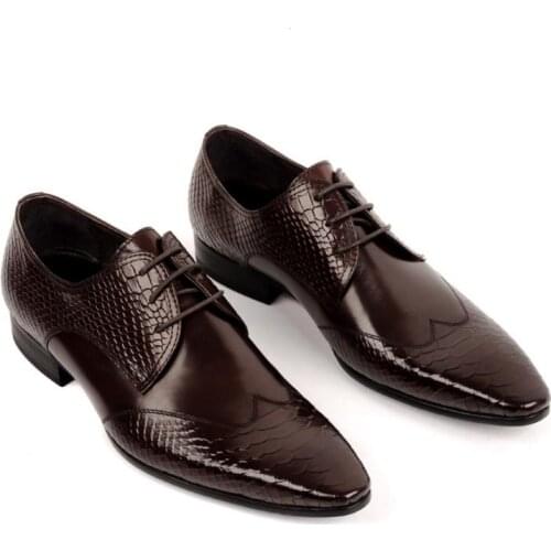 Pointed Toe Dress Men Shoes Black Derby Wedding Shoes Snakeskin Pattern Genuine Leather Lace-Up Mens Office Work Shoes 37-45
