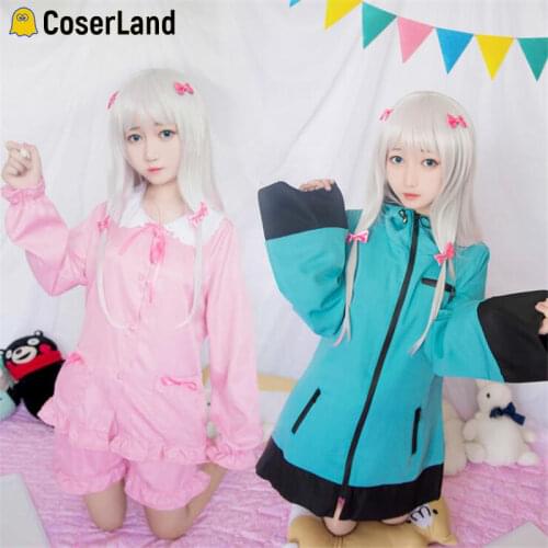 New Anime Eromanga Sensei Cosplay Suits Izumi Sagiri Pink Pajamas Blue Jacket Long Silver Wig Ero-Sensei Kawaii Girls Lolita