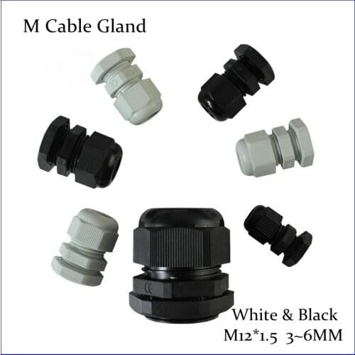 M12*1.5 2015 SZS Hot 100 PCS white Black Plastic Waterproof Cable Gland Connector 3-6.5mm