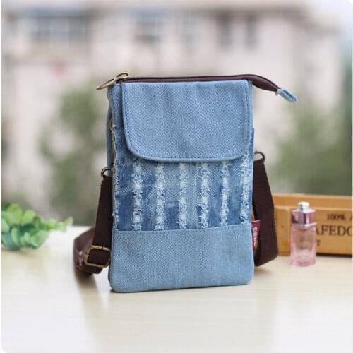 Fashion hole denim large screen mobile phone bag womens small shoulder bag Girl storage bag