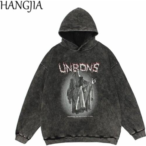 Heavy Industry Washed Distressed Long-sleeved Mens Retro Hoodies Hip Hop Streetwear Skull Printed Hooded Hoodie Oversized