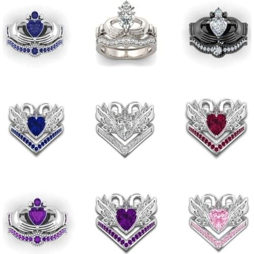 FDLK Exquisite 2Pcs / Set Women Ladies Ring Set Anniversary Gift Hand Holds Heart Engagement Bridal Wedding Jewelry Rings Set