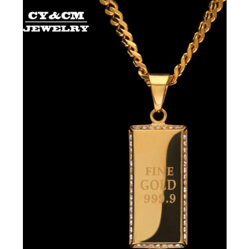 CY&CM Men Women Stainless Steel Dog Tag Army Card Shiny CZ Rhinestones Pendant Punk Jewelry Gold Hip hop Necklace Cuban Chain