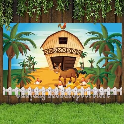 Tropical Green Trees Farm Wood House Photography Background Cartoon Horse Chickens Kids Birthday Party Backdrops Home Decor