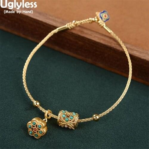 Uglyless Classic Eastern Beauty Turquoise Lotus Bracelets for Women Hollow Gold Beads Ultra-Thin Bangles 925 Silver Ethnic Jewel