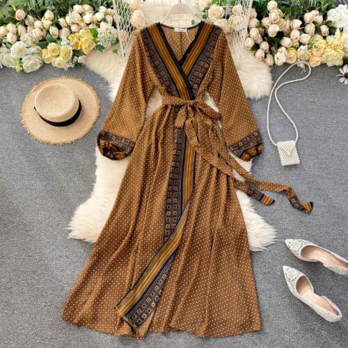 2021 Spring Autumn Women V Neck Lace up Long Sleeve Retro Print A-line Dress Korean Elegant Bohemian Long Holiday Dresses