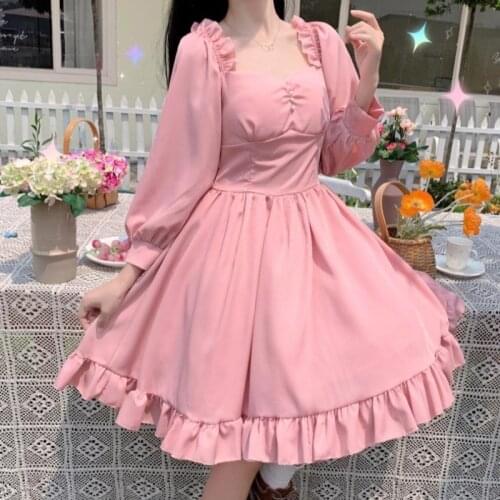 Japanese Style College Style Sweet lolita dress Cinched Long Sleeve Dress for Women 2021summer New kawaii dress