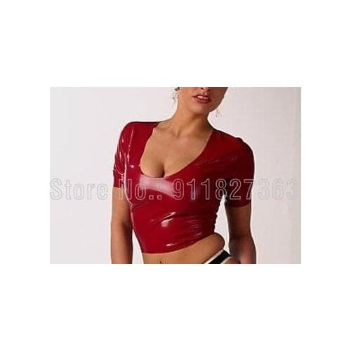 100% Latex Red Top Gummi Female Tops Short Sleeves Sexy Lady Tank Women no Zipper High Waist Top Customize