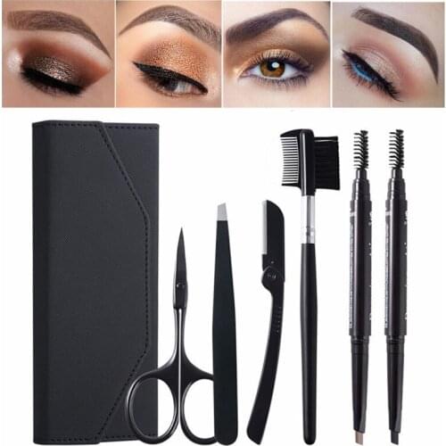 7 In 1 Professional Make Up Tool Kit Women Tweezers Drawing Stencils Eyebrow Trimmer Eyebrow Brush Eyebrow Grooming Set