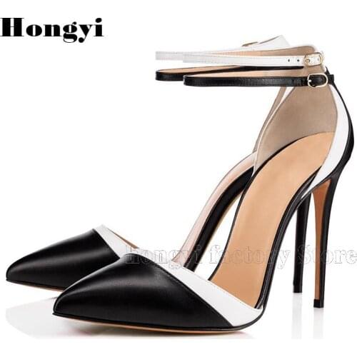 New arrival Color patchwork white Black point toe women thin high heel sandals ladies ankle wrap dress shoes