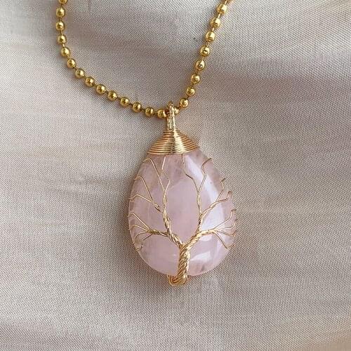 13 Style Unique Beautiful Tree of Life Necklace Natural Stone Pendant Gold Silver Wire Wrap Pink Crystal Tiger Eye Aventurine