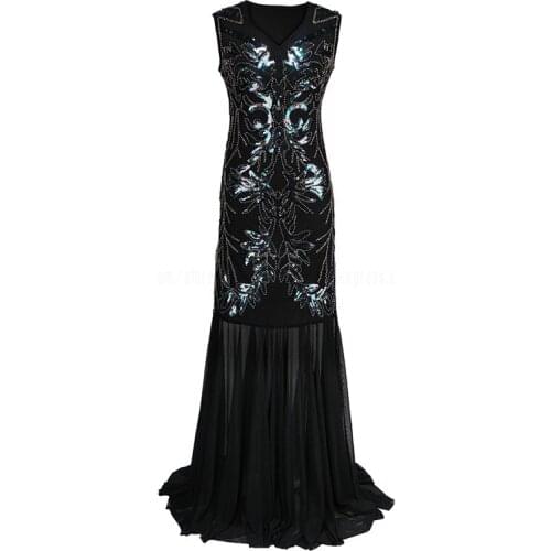 1920s Long Prom Sequin Beaded Gatsby Dresses V Neck Beaded Sequin Gatsby Maxi Flapper Art Deco Formal Gown Party Black Dress