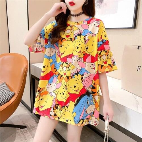 Disney 2021 Summer Pooh Tshirt Female New Trend Loose Cartoon Anime Bear Print Tops Girls Short Sleeved T-Shirt Womens Ins Tee