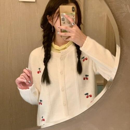 New Japan Style Cute Cherry Embroidery Knitted Cardigan Sweater Women Autumn Long Sleeve Sweaters Coats