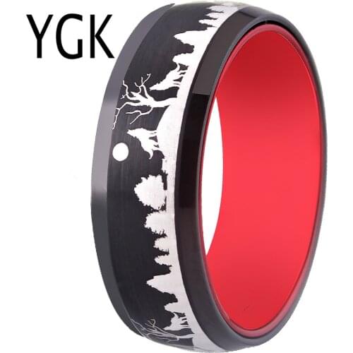 YGK Ring Wedding Rings for Women anillos Ring Men 8mm Black Tungsten Red Aluminium with Engraved Wolves in Forest Ring