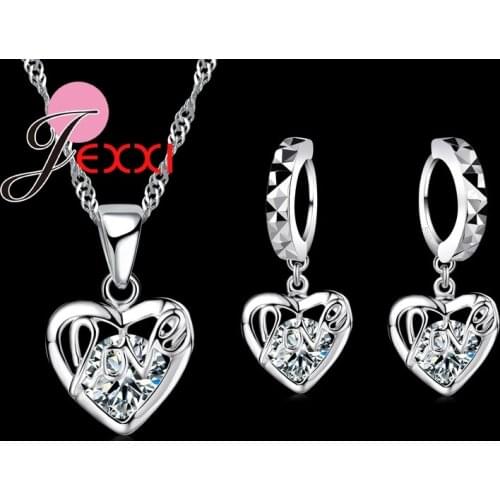 Classic Luxury 925 Sterling Silver Shinning CZ Love Letter Heart Shape Necklace Earring Set Wedding Jewelry sets