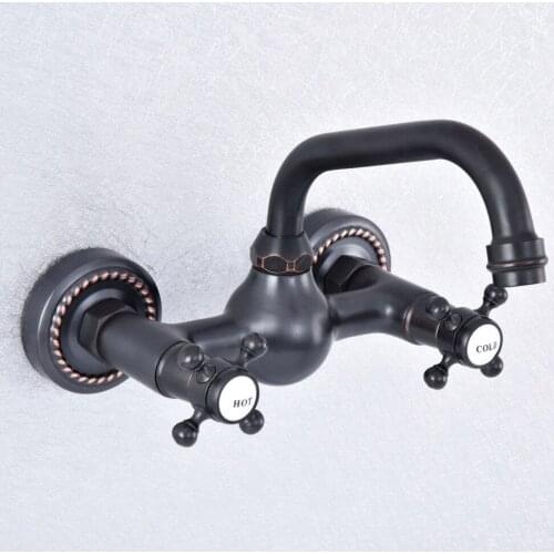 Oil Rubbed Bronze Wall Mounted Basin Faucets Bath Faucets Double Handle Dual Hole Bathroom Sink Washbasin Water Mixer Tap Nsf722