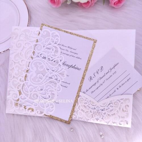 Sweetheart Laser Cut Pocket Wedding Invitation with Glitter Bottom 20+Color Invitations for Quinceaner Birthday Graduation