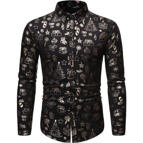 Mens Casual Long Sleeve Button Down Dress Shirts Tops 2021 Shiny Black Floral Print Christmas Shirt Men Business Casual Shirt