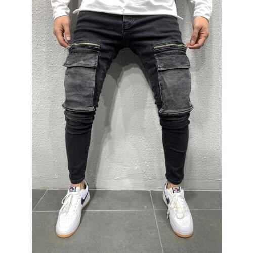 2021 New Arrival Mens Cotton Big Pockets Jeans Casual Slim Skinny Blue Black Jeans Men Trousers Fashion Male Hip hop Denim Pants