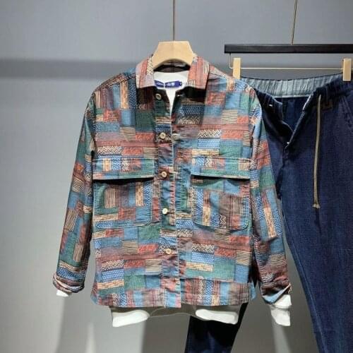 Autumn trend ins geometric pattern flower shirt young men handsome loose casual shirt jacket