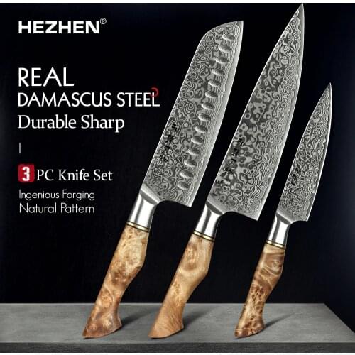 HEZHEN 3PC Knife Set professional Damascus Steel Utility Santoku Chef Knife For Meat Vg10 Japanese Cook Kitchen Knife