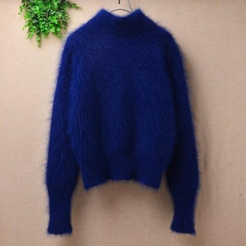 Ladies women fashion hairy plush mink cashmere knitted long sleeves turtleneck slim blouses pullover angora fur jumper sweater