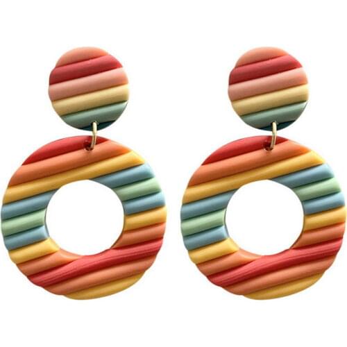 Rainbow Polymer Clay Circle Earrings for Women Handmade Textured Cutout Round Earrings Boutique Jewelry Wholesale