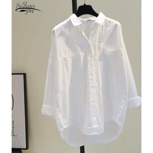 Spring Autumn Shirts Women Vintage Women Blouse and Tops Cotton Oversized Loose Clothing Long Sleeve White Blue Shirts 12616