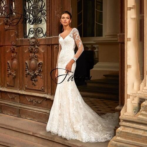 V-Neck Long Sleeve Backless Wedding Dress Mermaid Court Train Lace Appliques Elegant Bridal Gown robe de soirée de mariage