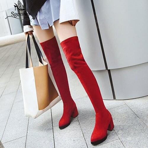 Sgesvier Flock solid high heel shoes woman autumn winter over the knee boots female round toe fashion Elastic boots elegant G742