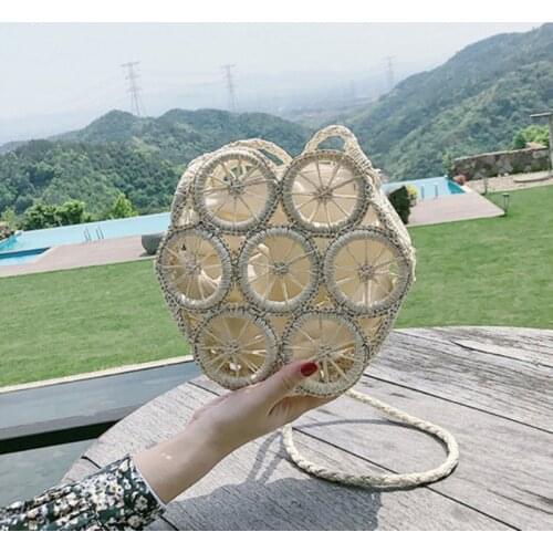 Straw Beach Bag Handmade Woven Round Rattan Bag With Braid Women Summer Bali Bohemia Shoulder Bag Hollow Crossbody Purses