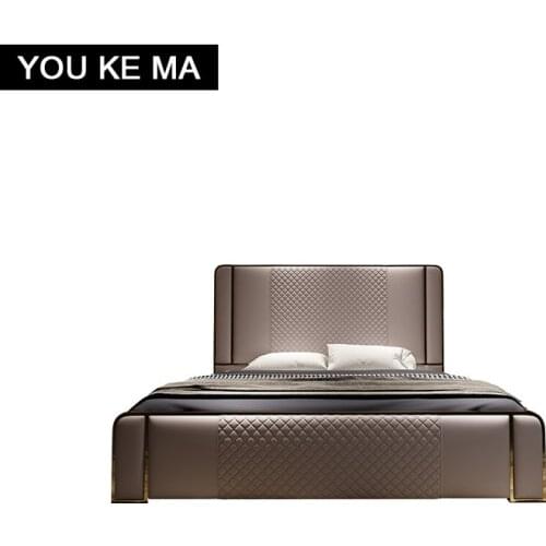 Italian light luxury leather master bedroom modern minimalist bed1.8Beige solid wood high-end villa leather art marriage bed