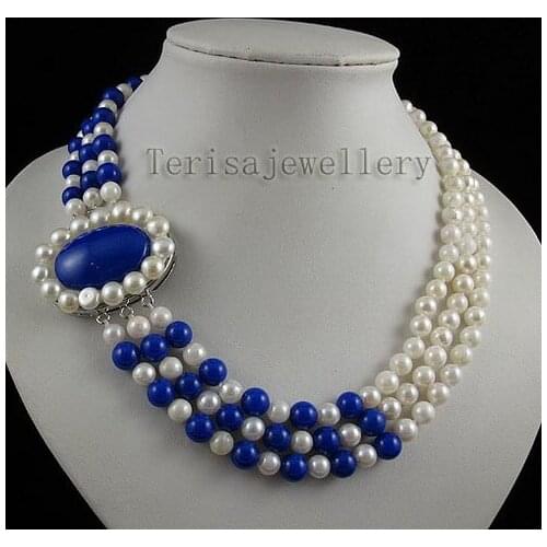 Terisa Pearljewelry AA Genuine Freshwater Pearl And Blue Lapis Stone Beads 3 Rows White Color Freshwater Pearl Necklace