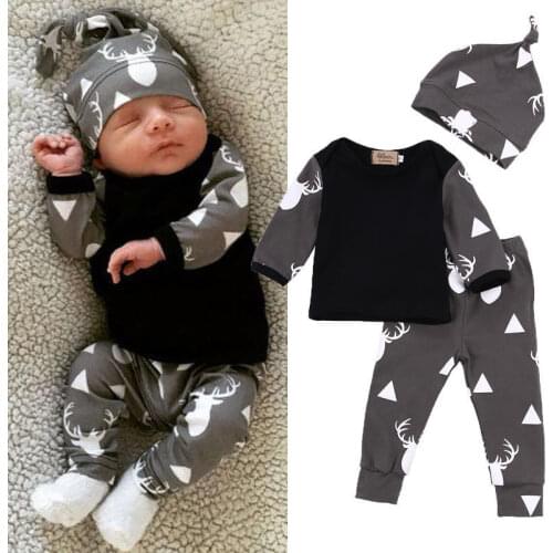 US Stock Newborn Baby Boys Tops Pullover T-shirt Deer Pattern Pants Leggings Hat Outfits 3PCS Kids Autumn Clothes Set 0-24M