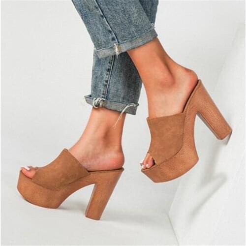Size 36-43 Summer Fashion Sexy Wood Grain Platform Slippers Women Sandals Slip On Peep toe Square High Heels Mules Dress Pumps
