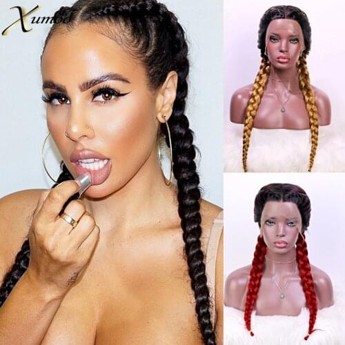 XUMOO Black Braided Synthetic Lace Front Wig Middle Part Ombre Blonde Red Green Heat Resistant Box Braid Wig For Black Women