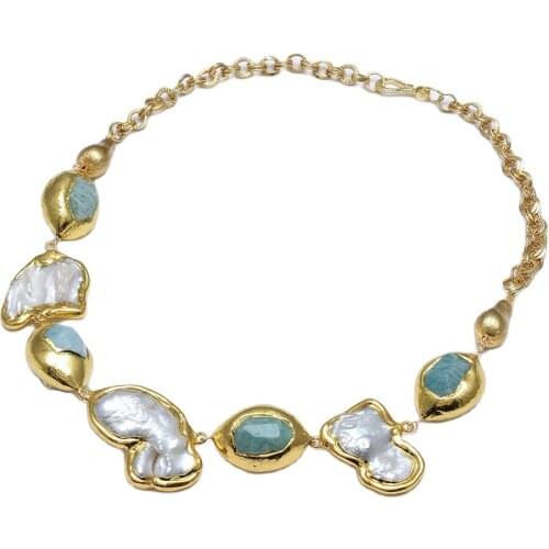 GuaiGuai Jewelry Natural White Baroque Pearl Freedom Shape Gold Plated Green Amazonite Nugget Chain Necklace Handmade For Women