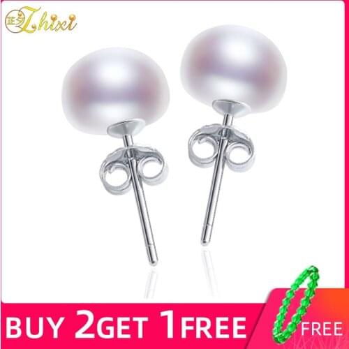 ZHXI Pearl Earrings Sterling Silver Jewelry 8-9MM Natural Freshwater Pearl Earrings Fine Trendy Engagement Gift For Women E2534
