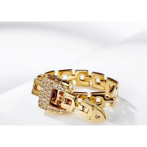 Golden Belt Buckle Chain Rings Vintage Punk Zircon Ring For Fashion Women Adjustable Rings Female Luxury Charm Jewelry Gift