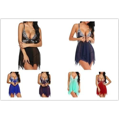 2021 Mesh Perspective Sling Womens Pajamas Fun Suit V-Neck Contrast Color Nightdress + Thong Super Sexy Suits
