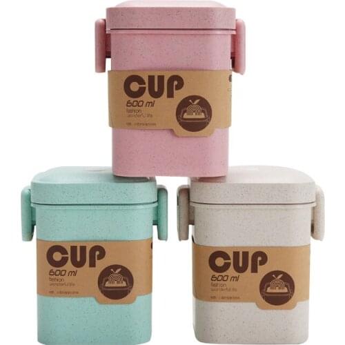600ml Portable Wheat Straw Square Soup Cup Microwave Sealable Soup Can Holiday Gift Food Sealed Can Food Container Bento Box