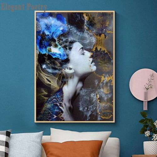 Blue Flower forest Abstract Woman Painting Canvas Art Wall Print Picture Prints Figure Home Decor Canvas No Frame Home Decor