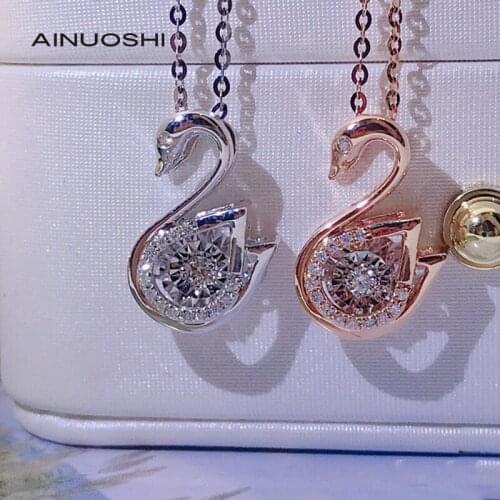 AINUOSHI 18K Gold Round Cut 0.09ct Real Diamond Swan Dancing Pendant Necklace Annual Animal-style Jewelry Worn By Ladies 18