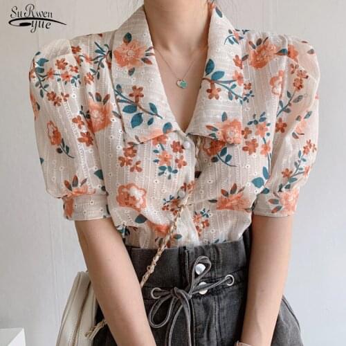 2021 Summer New Korean Floral Blouses Tops Lapel Short Sleeve Embroidered Shirt Blusas Button Up Shirt Harajuku Tops Mujer 13793